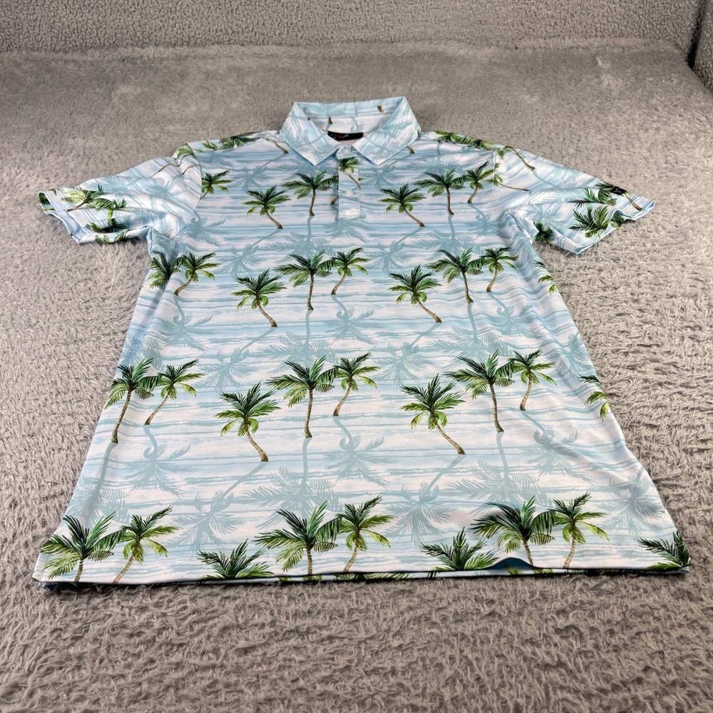 Yatta Golf Mens Palm Tree Print Performance Polo Shirt Blue Green Size Small